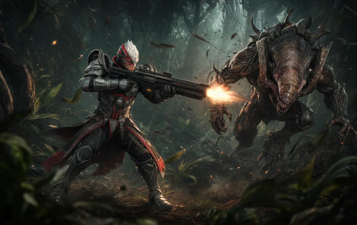 The warden fires his rifle at a charging beast in a jungle