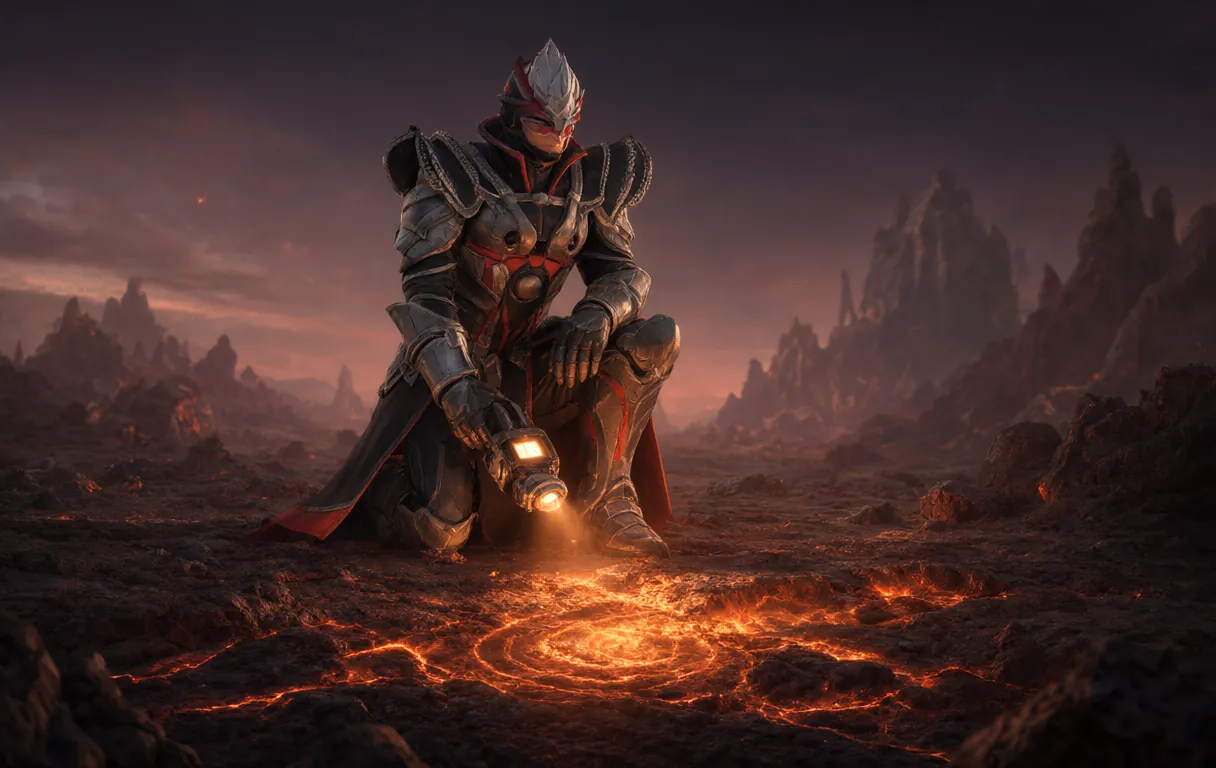The warden kneels with a finder, ore glowing through the ground