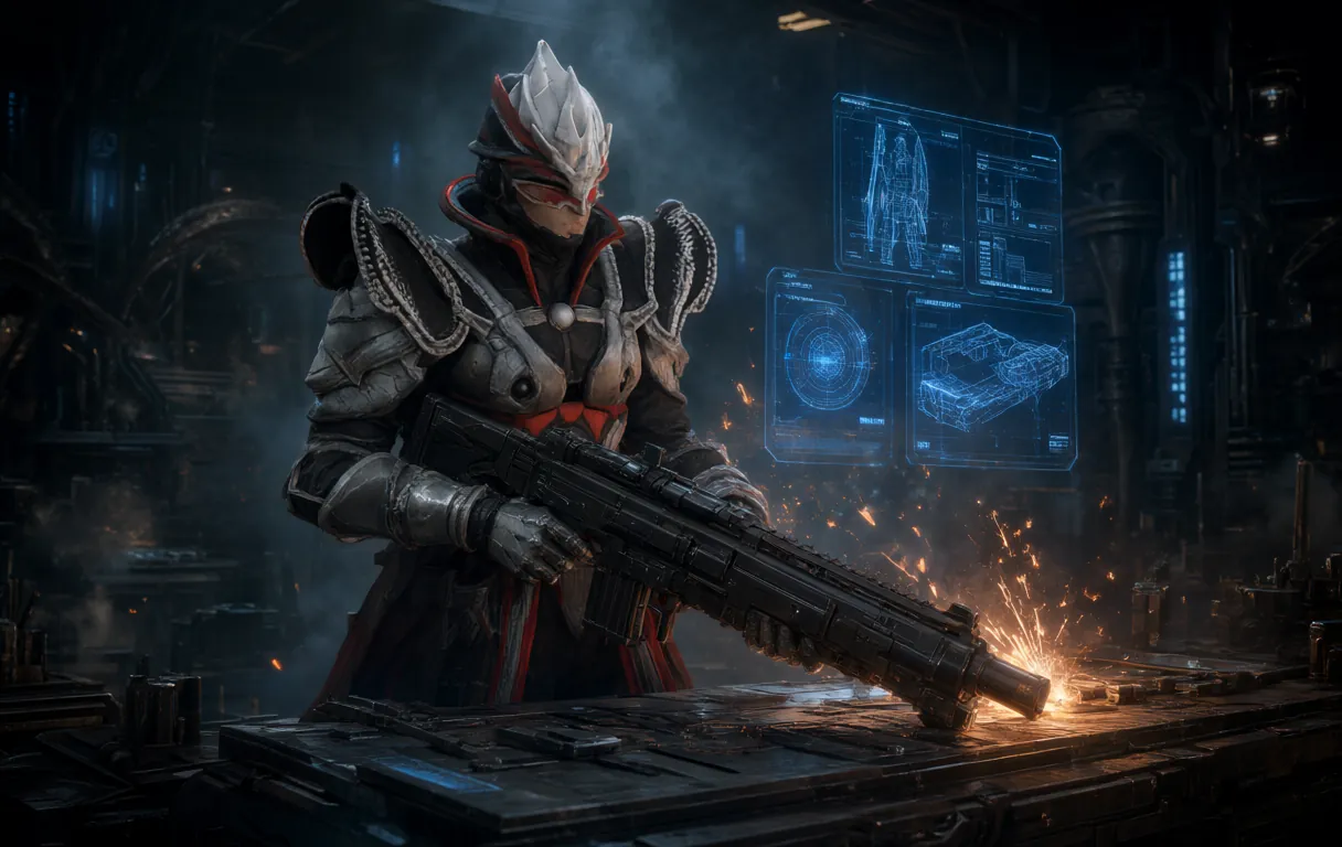 The warden assembles a rifle at a forge under holographic blueprints