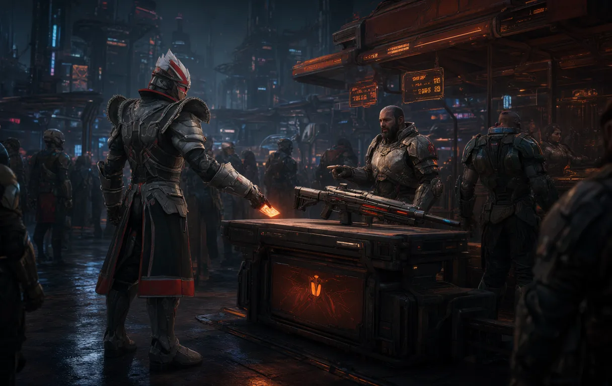 The warden haggles at a neon market stall, holding out a credit chip as the merchant points to a rifle