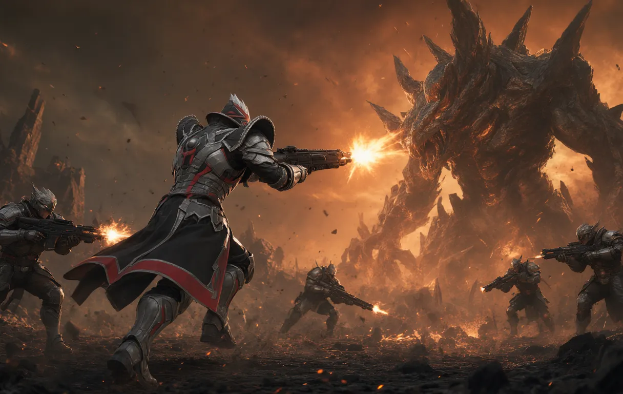 The warden charges and fires at a giant creature as his squad fires alongside him